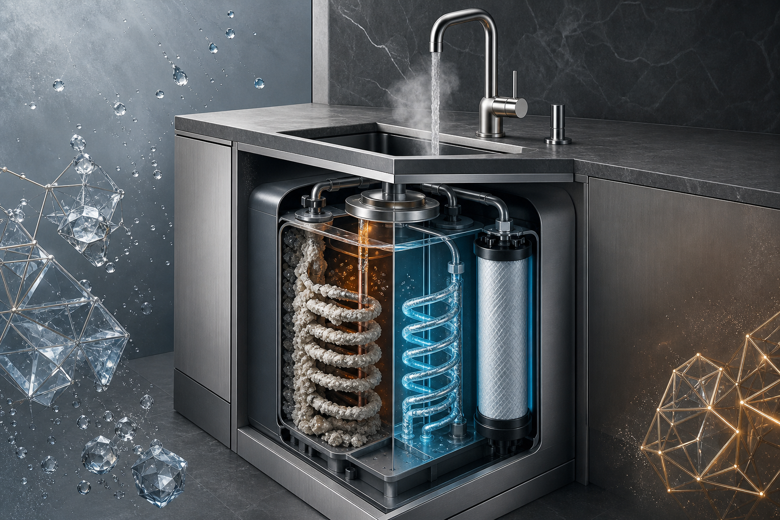 Cutaway diagram showing limescale build-up inside a boiling water tap tank versus a scale-protected clean tank, with filter cartridge visible