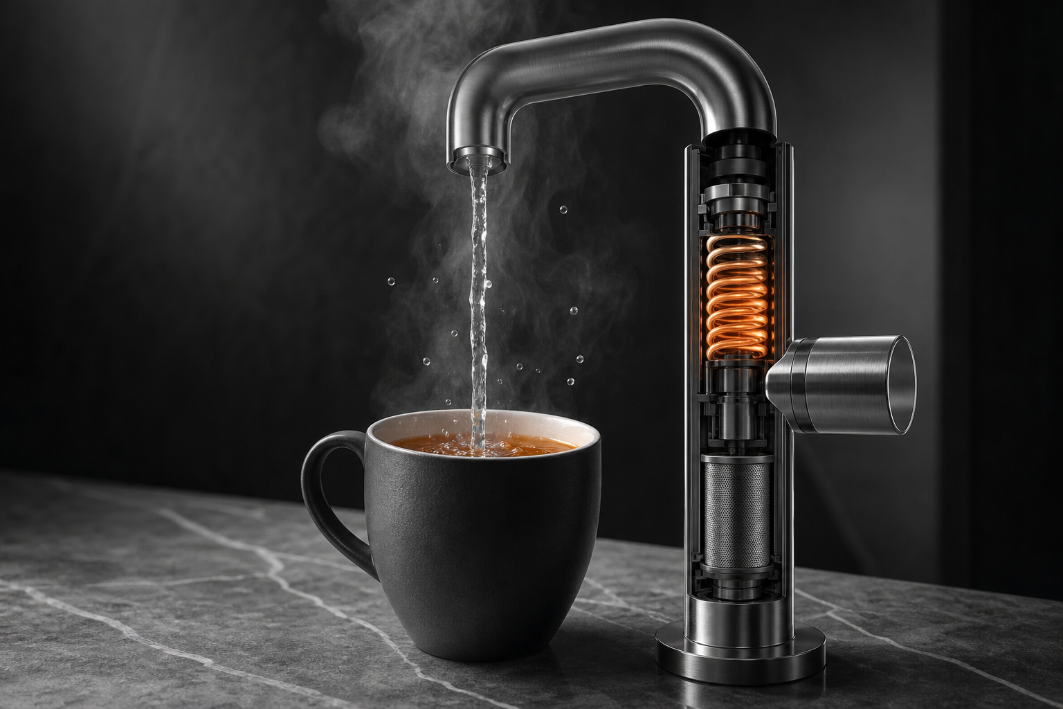 Boiling water tap dispensing steam over a ceramic mug on a marble countertop